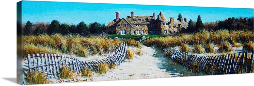 Contemporary artwork of a mansion at the beach