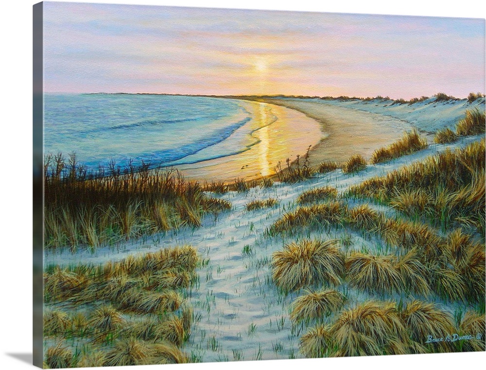 Contemporary artwork of a beach and ocean scene at sunset.