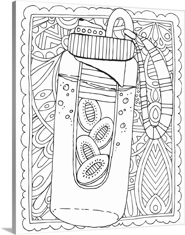 Black and white line art of a water bottle on an intricately designed background.