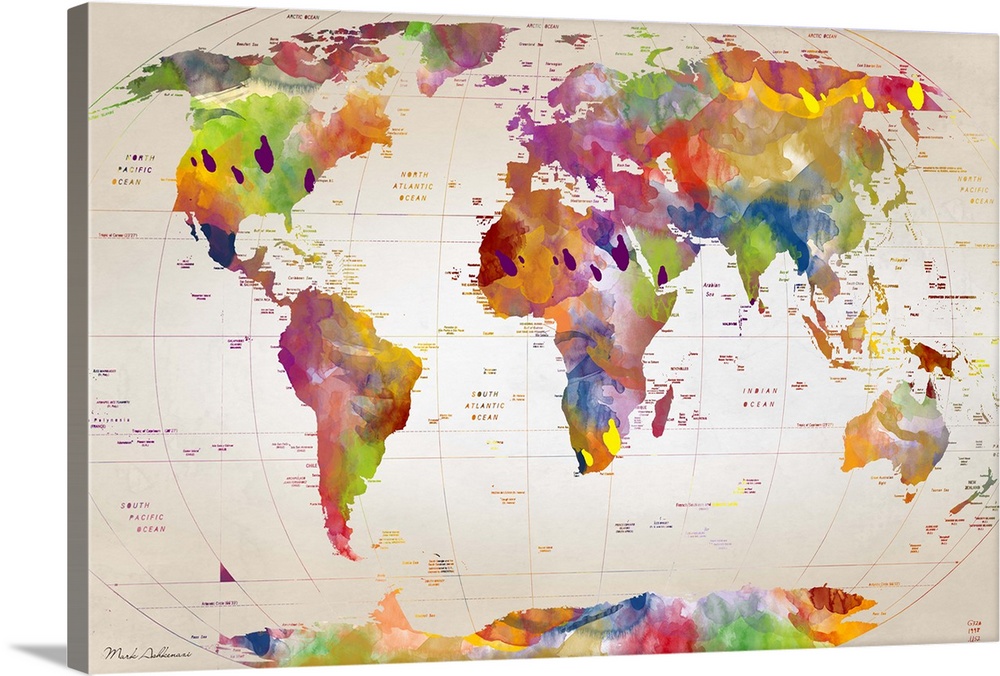 Contemporary artwork of a world map in watercolor, against a rustic background.