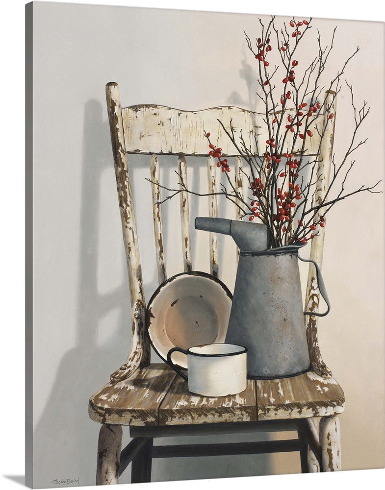 Contemporary still-life painting of rustic objects sitting on a rustic chair.