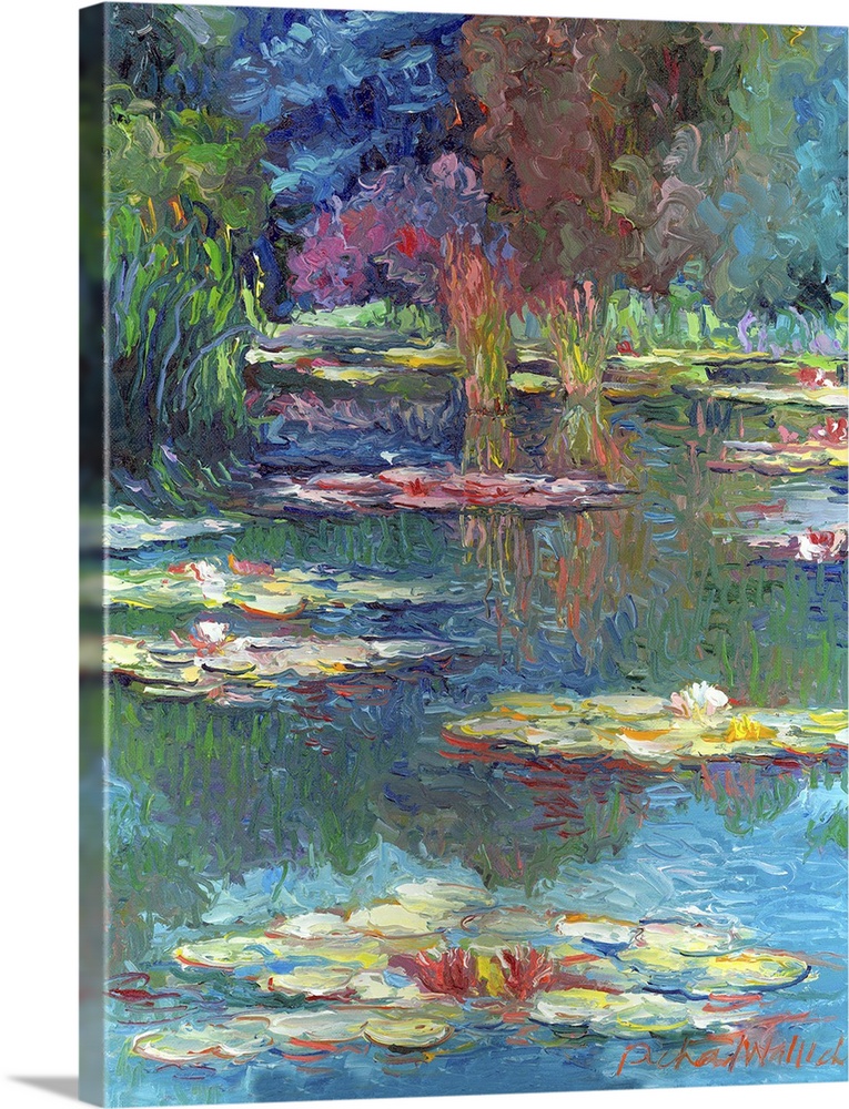 Contemporary colorful painting of waterlilies in a pond.
