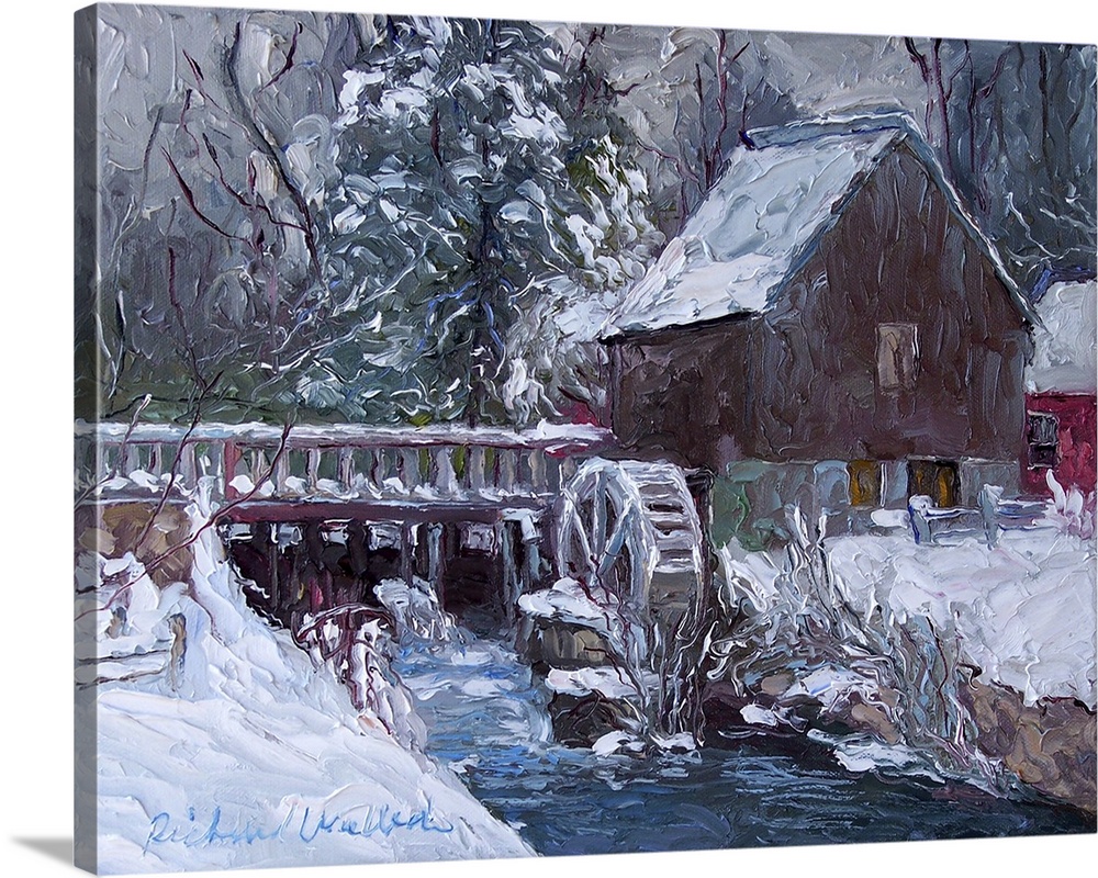 A water wheel and a barn in the winter, Saunderstown, RI
