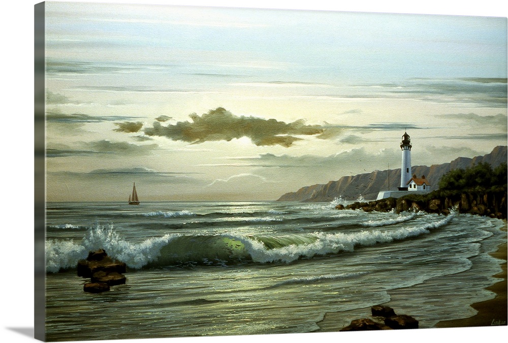 Contemporary painting of waves crashing on the coastline at twilight, with a lighthouse and boat in the distance.