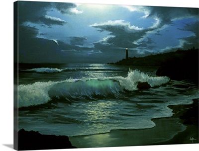 Waves Coming In On Shore, With A Lighthouse In The Distance, At Night