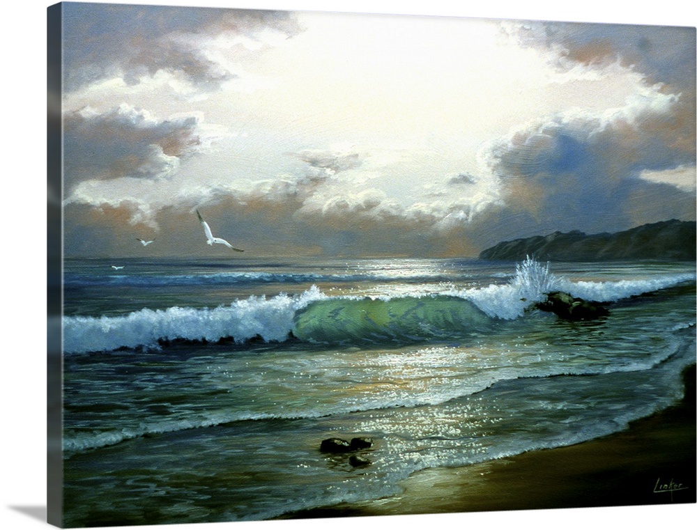 Contemporary painting of waves crashing by the beach, with clouds parting.