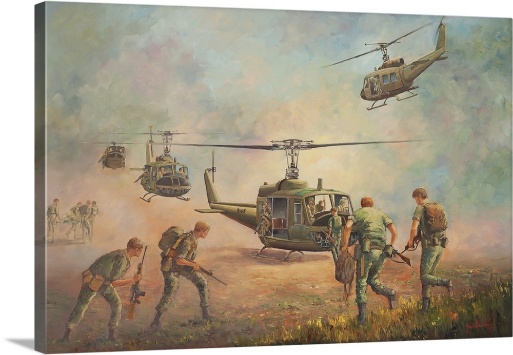 Contemporary painting of military helicopters in the heat of battle.