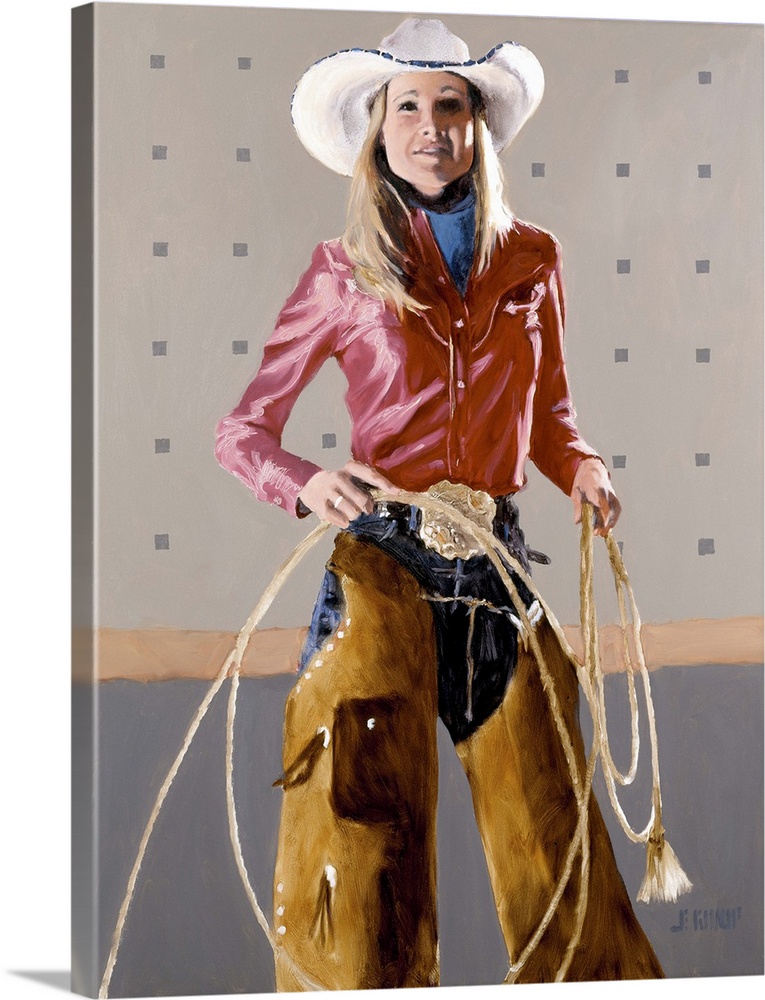 Contemporary western theme painting of a cowgirl holding a lasso up.