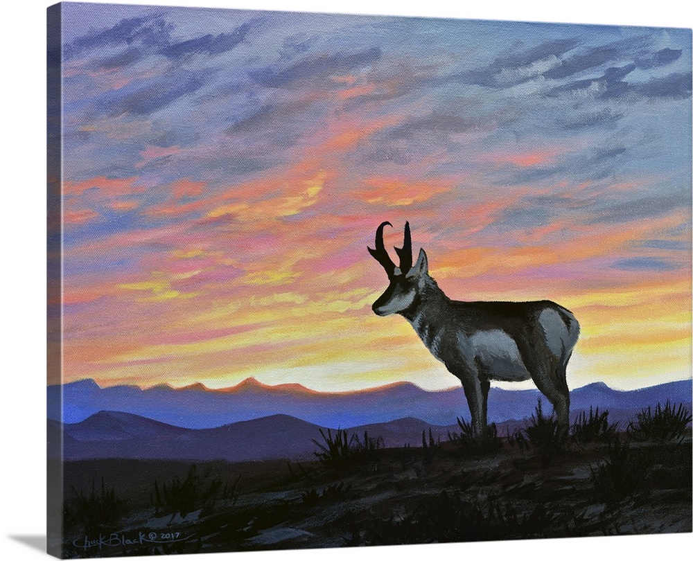 Contemporary painting of a deer standing outside with a beautiful sunset in the sky over the mountains.