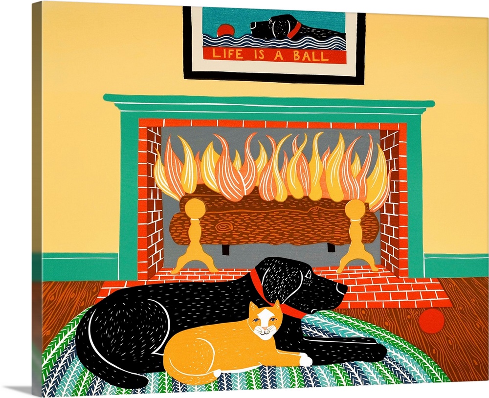 Illustration of a black lab laying on a rug in front of a fireplace with an orange cat.
