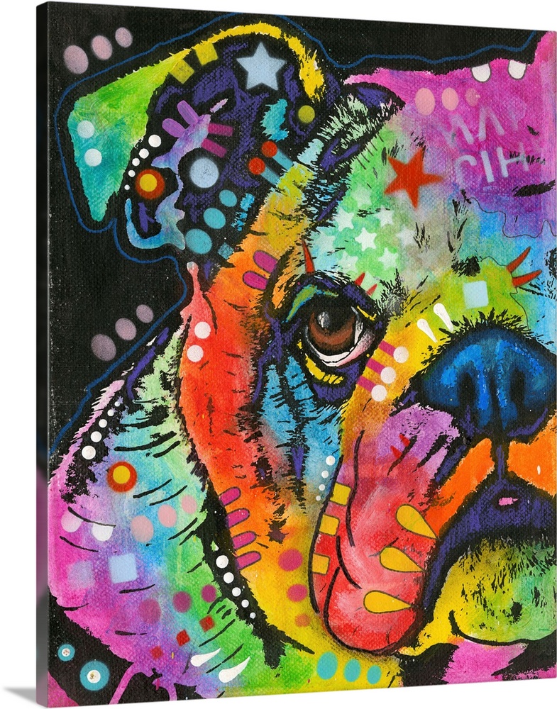 Contemporary painting of a colorful bulldog with graffiti-like markings on a black background.
