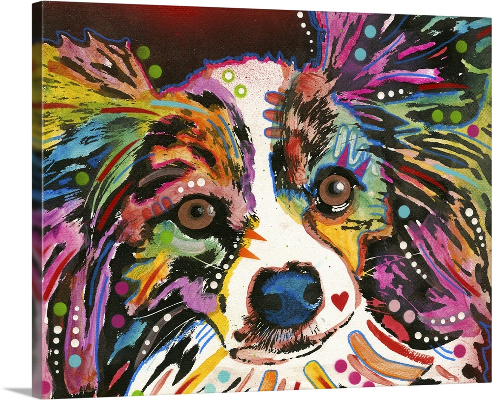 Colorful painting of a Papillon with geometric markings on a deep red and black background.