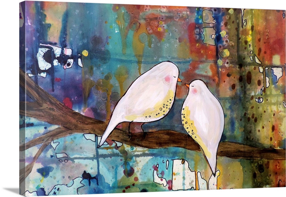 Colorful contemporary painting of two white birds on a branch against a colorful background.
