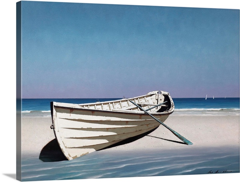 White Boat On Beach | Large Metal Wall Art Print | Great Big Canvas