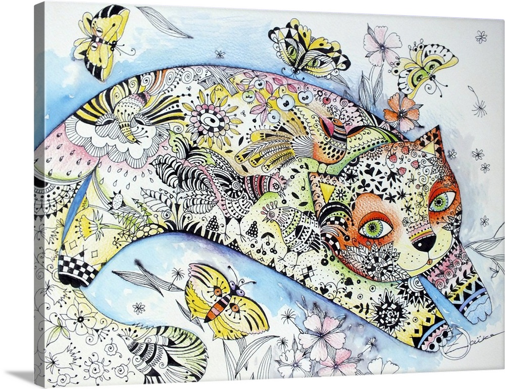 Contemporary painting of a cat decorated with floral elements leaping among butterflies.