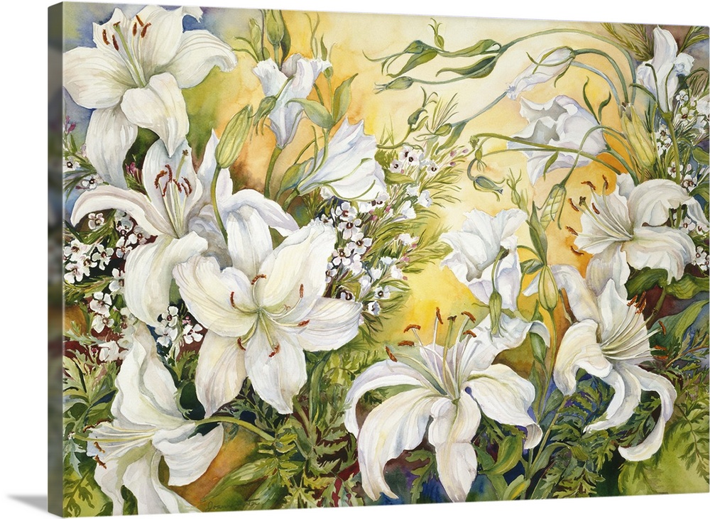 Colorful contemporary painting of white lilies.