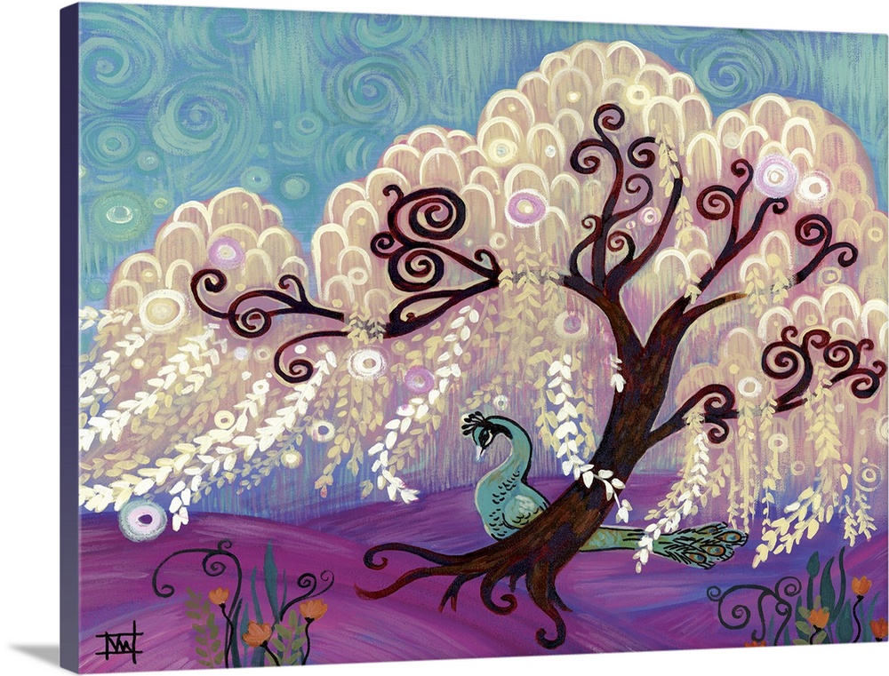 Contemporary painting of a willow tree with flowing white branches.