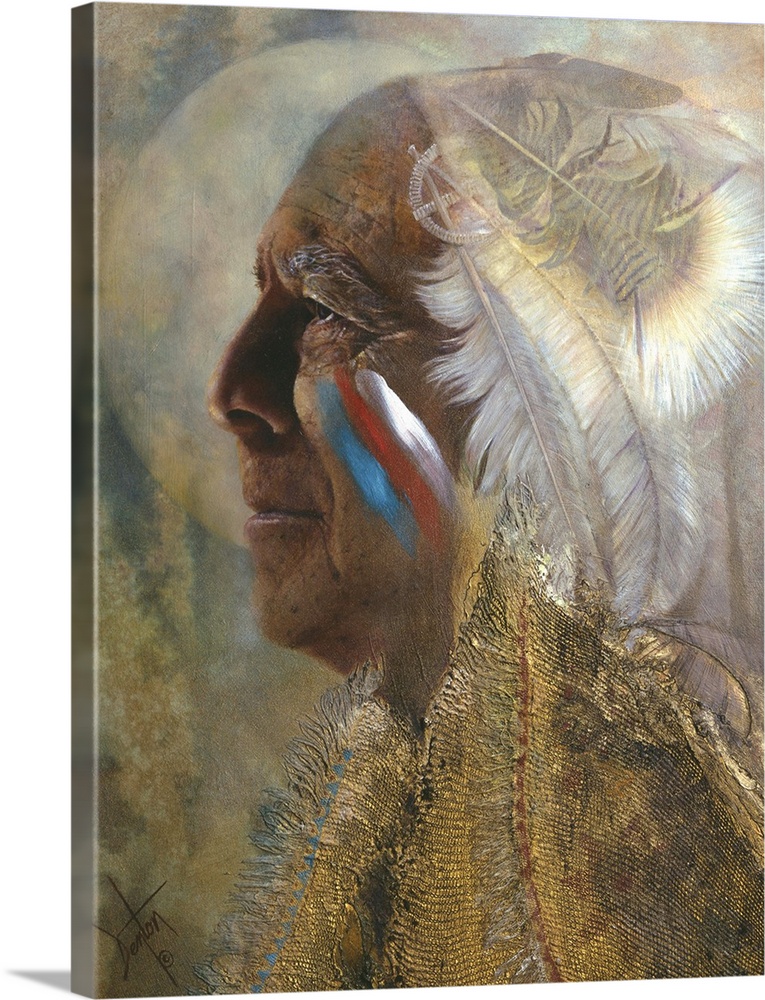 Native American through veil of feathers.
