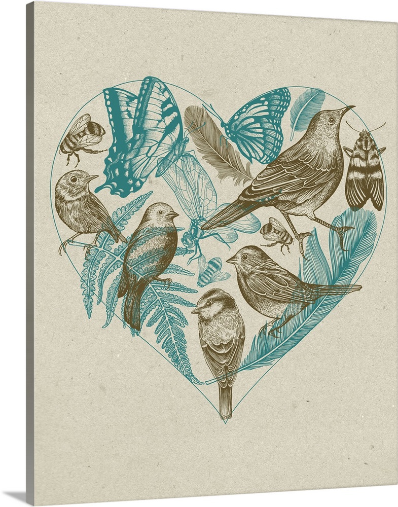 Illustration of birds, bees, and butterflies inside of a heart in shades of brown and blue.