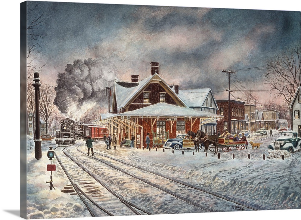 Contemporary painting of an idyllic winter scene in New Hampshire.