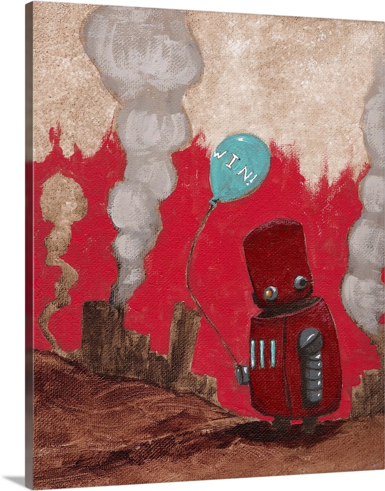 Illustration of a red robot standing among rubble, holding a blue balloon.