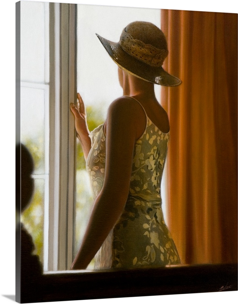 Contemporary painting of a woman wearing a hat standing at a window and looking out.