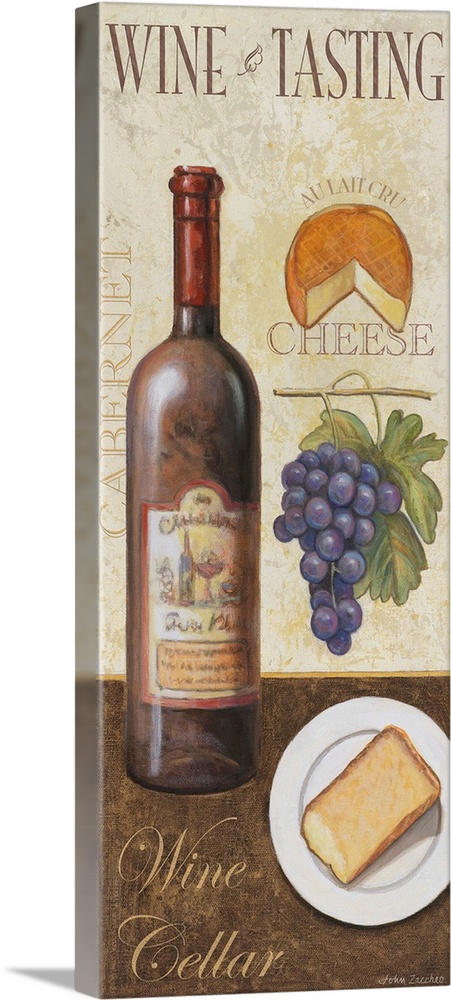 bottle of red wine, cheese and grapes
