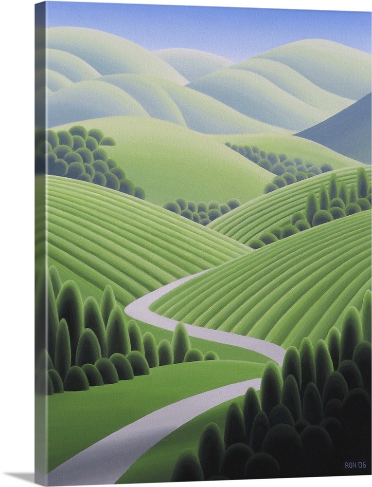 Contemporary painting of a rural green valley.