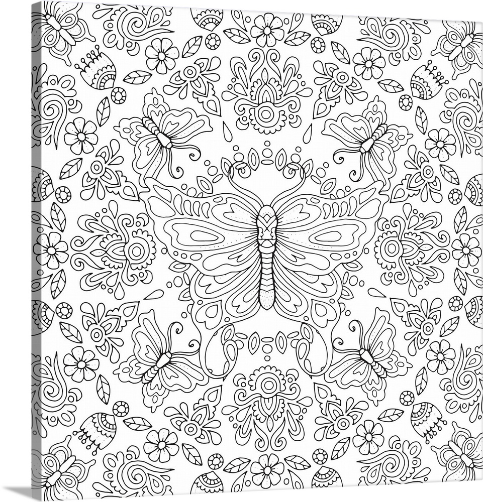 Black and white lined design of flowers and butterflies.