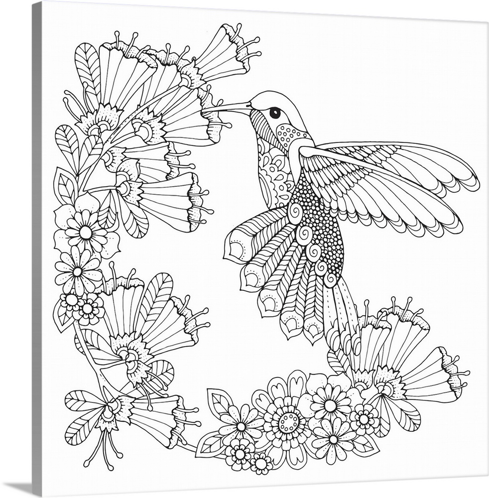 Contemporary lined art of a hummingbird surrounded by flowers.