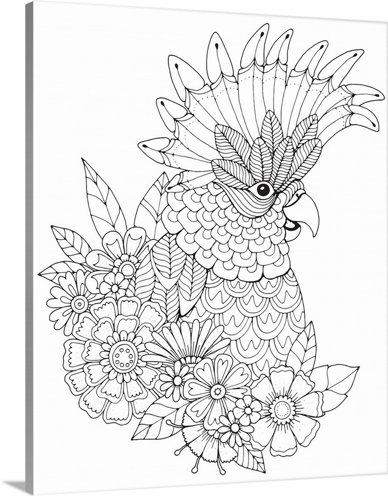 Black and white lined design of a rooster.
