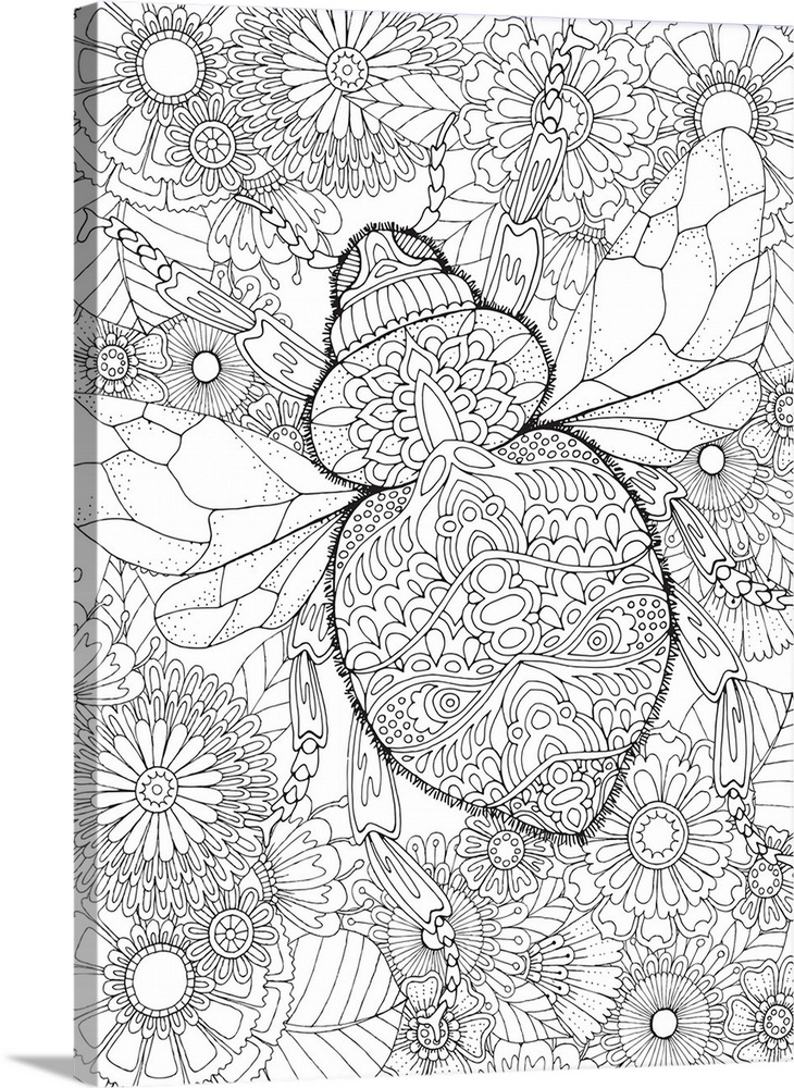 Black and white line art of an intricately designed bumble bee surrounded by flowers.