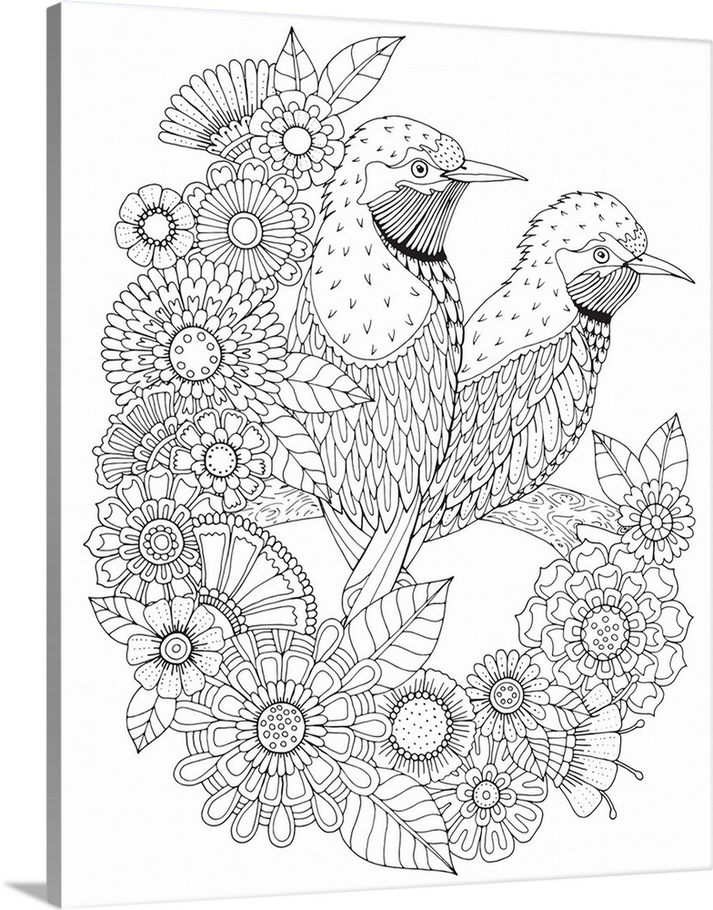 Black and white line art of two birds perched on a branch and surrounded by flowers.