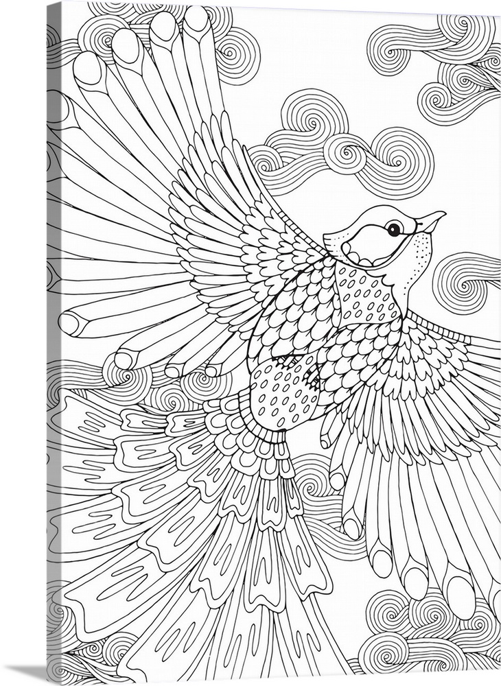 Black and white line art of a uniquely designed bird in flight with swirly patterned clouds in the background.