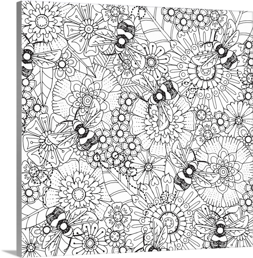 Black and white lined design of a pattern with bumble bees and flowers.