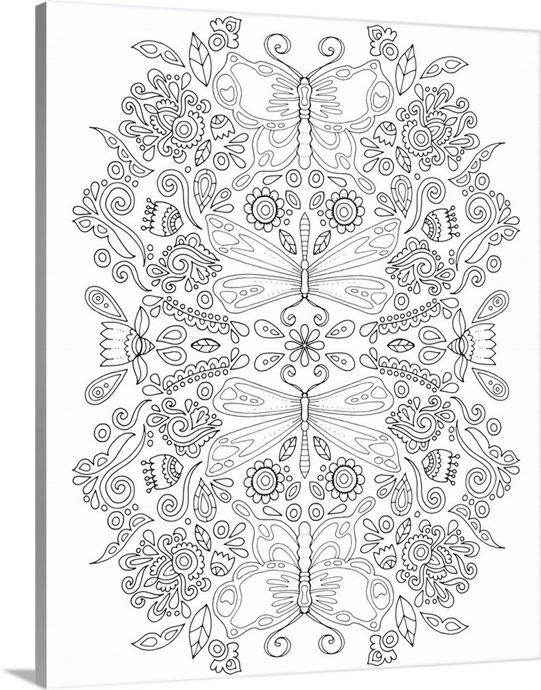 Black and white symmetrical line design with a butterfly and floral pattern.