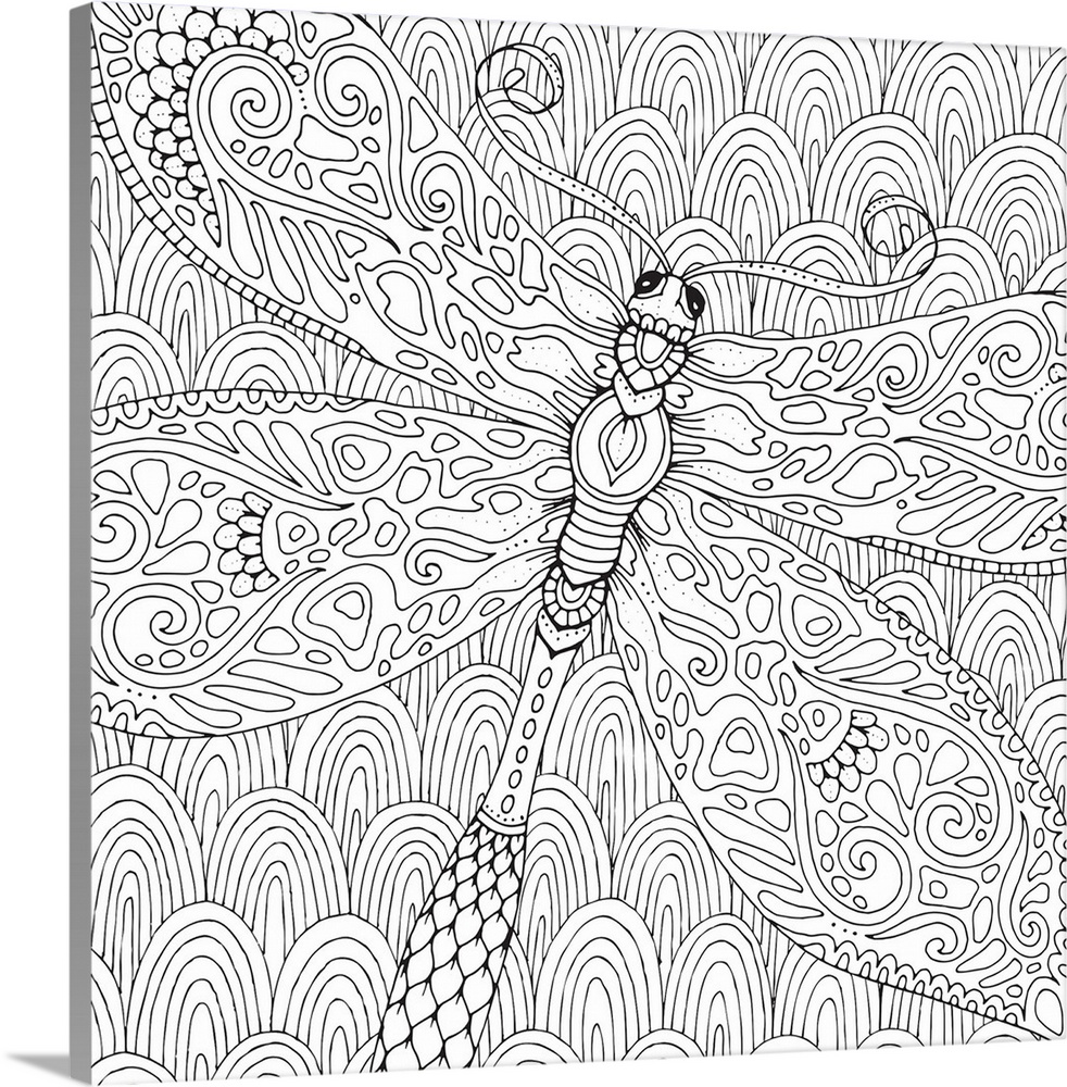 Black and white lined design of a dragonfly on a patterned background.