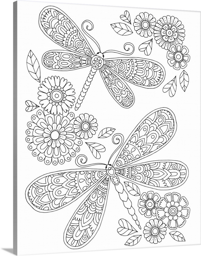 Black and white line art of two intricately designed butterflies surrounded by flowers.