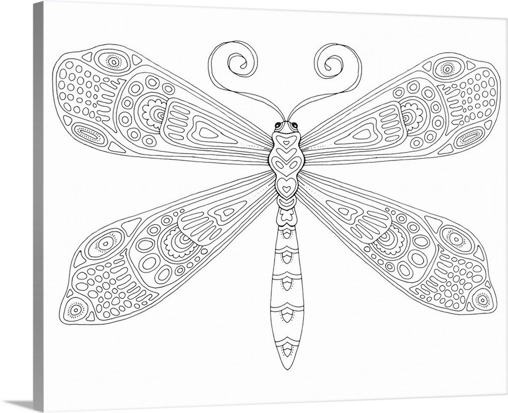 Black and white line art of a uniquely designed dragonfly.