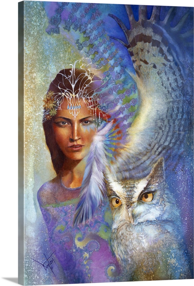 A contemporary painting of a woman staring straight on and surrounded by colorful fractals and the wings of an owl.