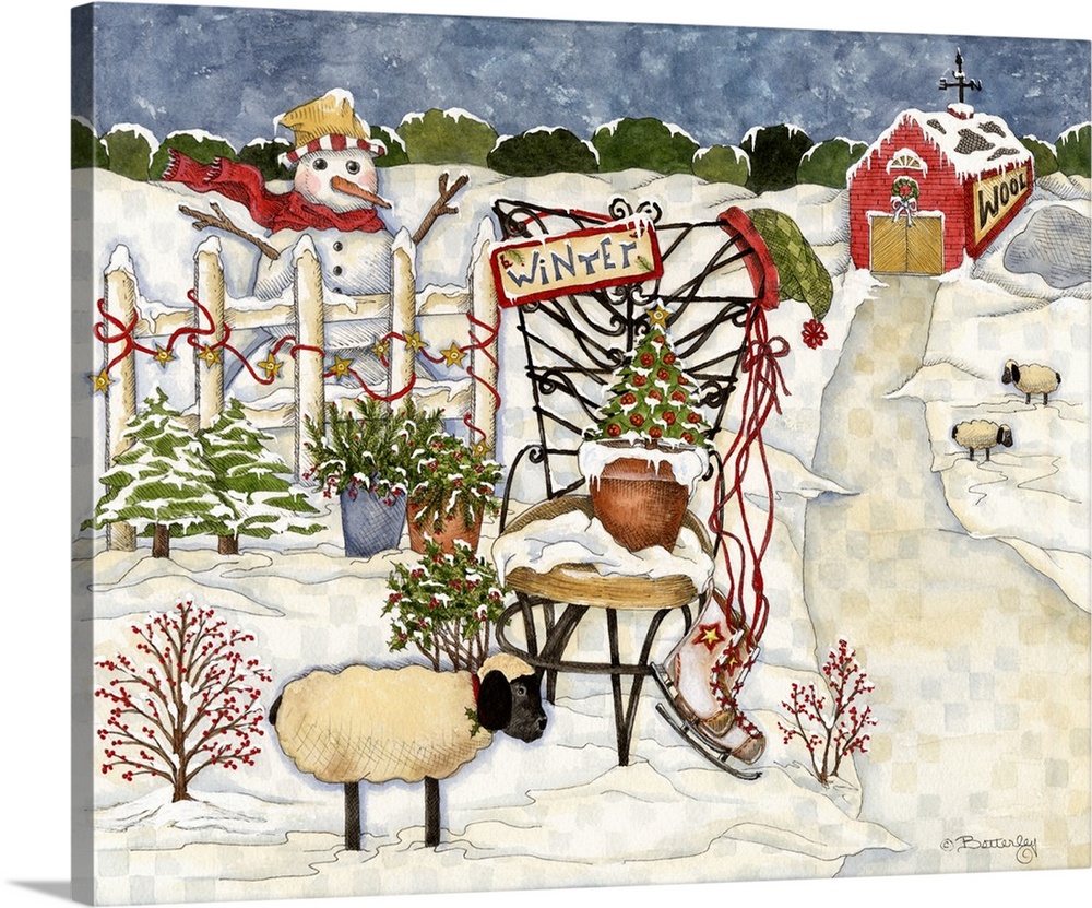 Barn with path leading to fence with snowman, sheep, tiny trees, and a chair with a hat and a sign that reads: winter.