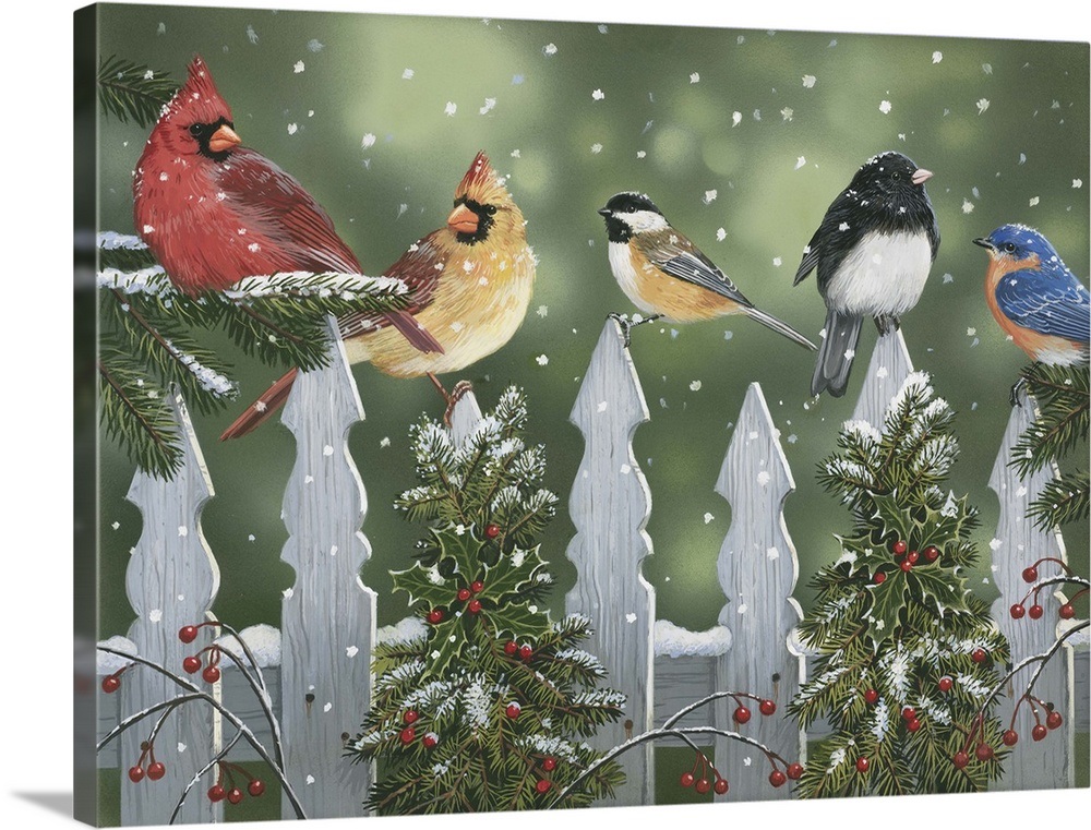 Winter Birds on a Snowy Fence Wall Art, Canvas Prints, Framed Prints