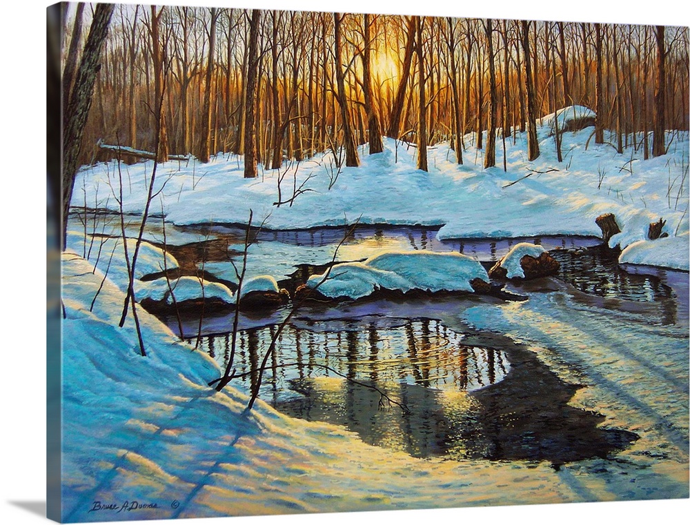 Contemporary artwork of a Forest scene with partially frozen brook at sunset.