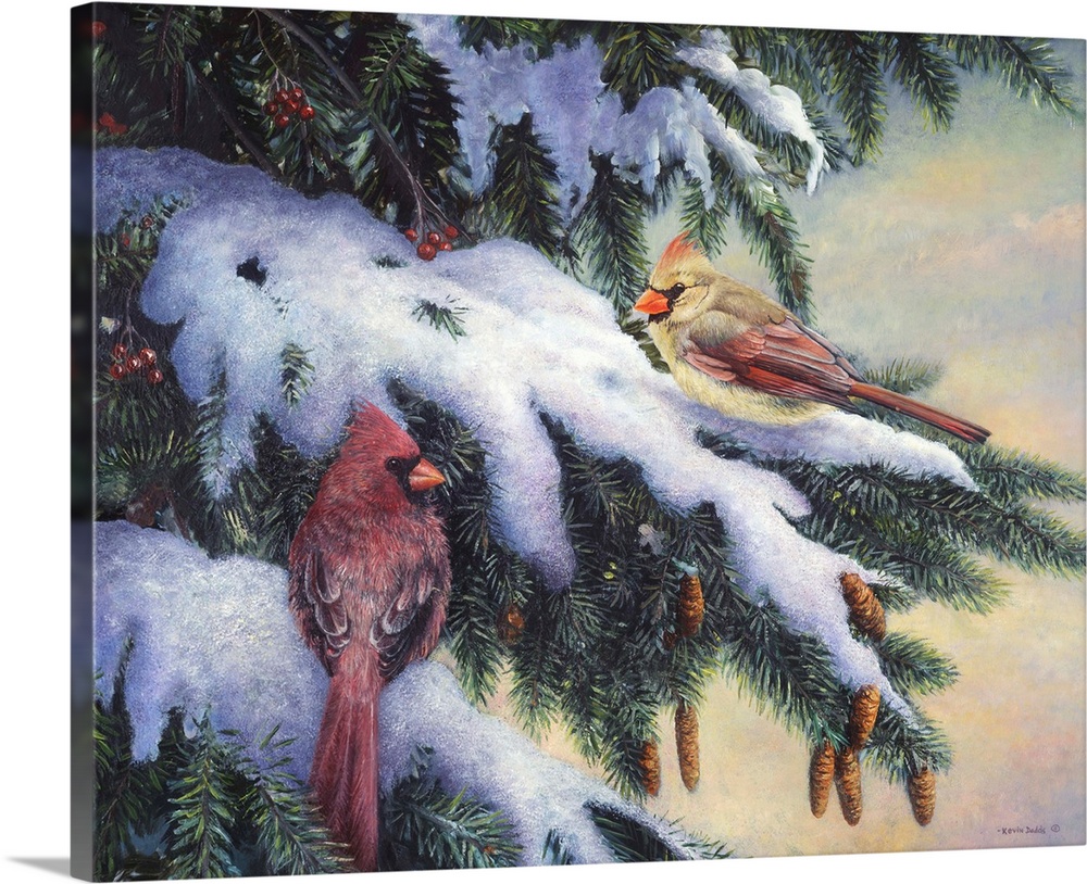 Contemporary artwork of two cardinals on branches with snow and berries.