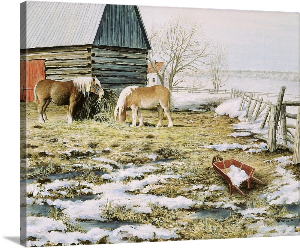 Contemporary artwork of two ponies in a snowy corral.