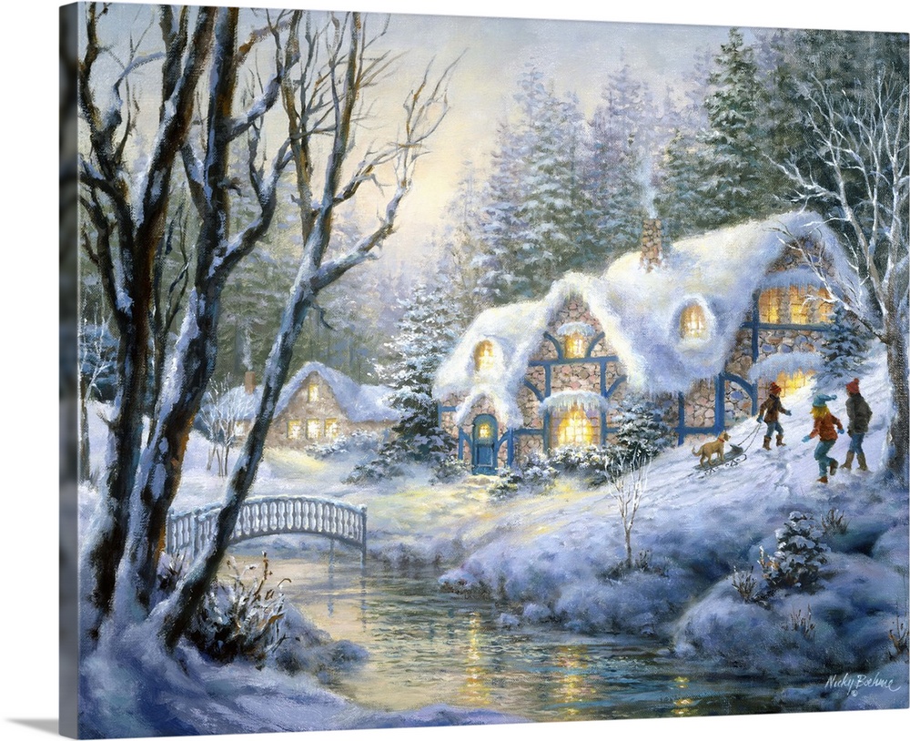 Painting of village scene featuring a house with glowing windows. Product is a painting reproduction only, and does not co...