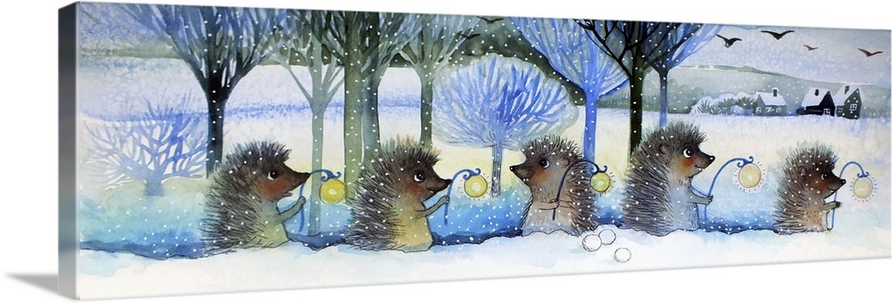 Contemporary painting of five cute hedgehogs in the snow, holding lanterns.