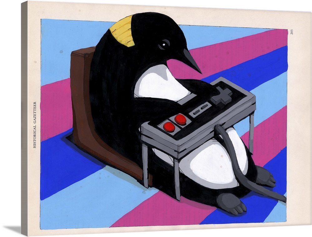 Pop art painting of a penguin playing videogames with a large controller.