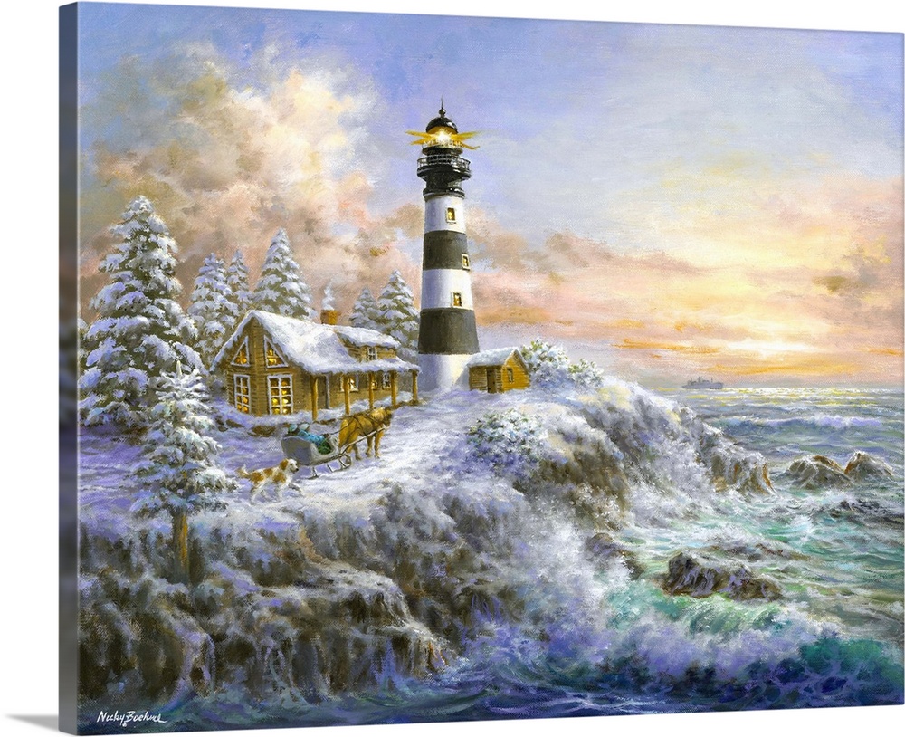 Painting of lighthouse scene featuring glowing windows. Product is a painting reproduction only, and does not contain actu...