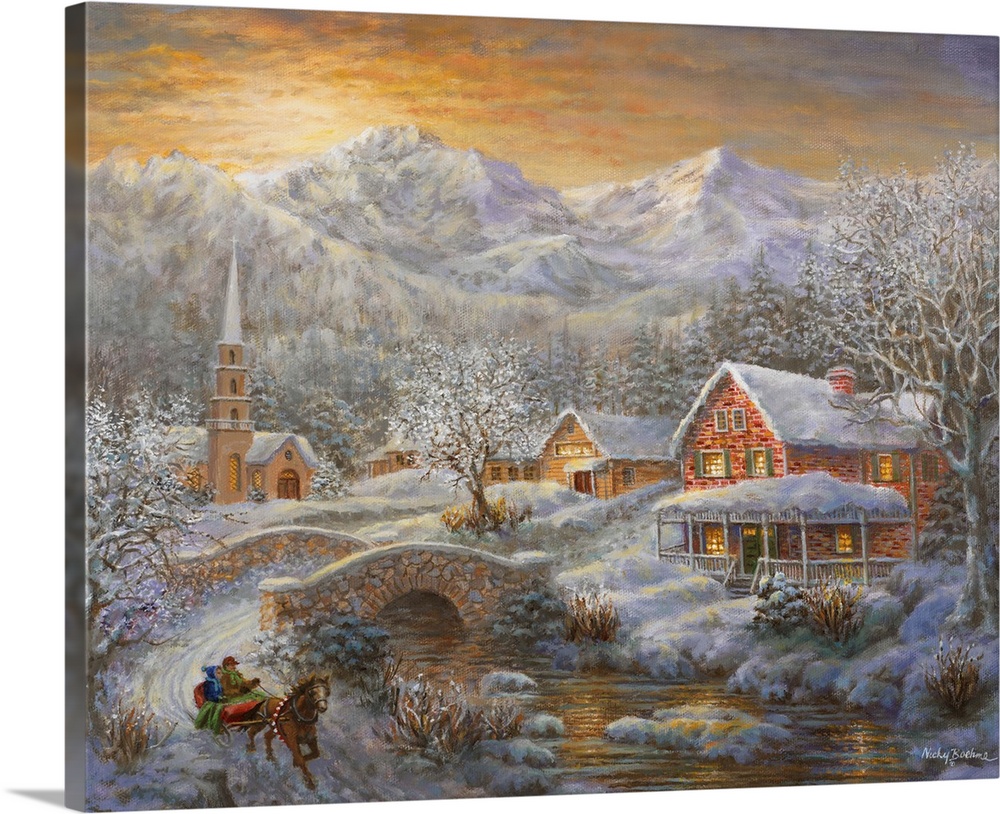Painting of mountain village scene featuring houses with glowing windows. Product is a painting reproduction only, and doe...